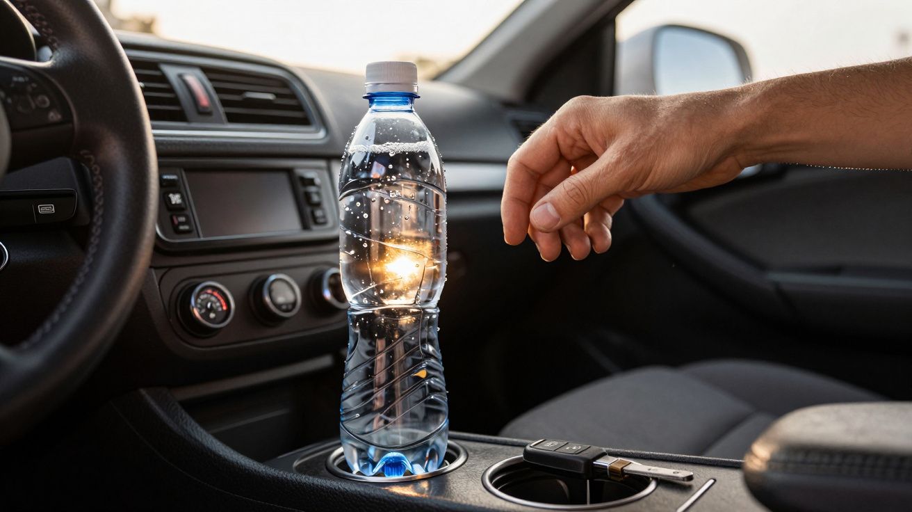 Mão alcançando garrafa de água no porta-copos de um carro, com chave ao lado e luz do sol refletindo no plástico.