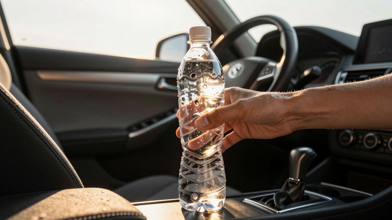 Mão segurando uma garrafa de água dentro de um carro iluminado pelo sol.