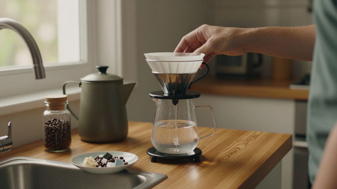 Pessoa prepara café com filtro num balcão de madeira, próxima a jarro e frasco de grãos.