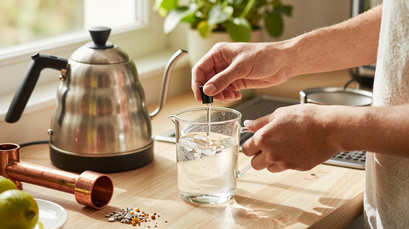 Pessoa mexe bebida num copo de vidro sobre um balcão de cozinha, com chaleira prateada ao fundo.