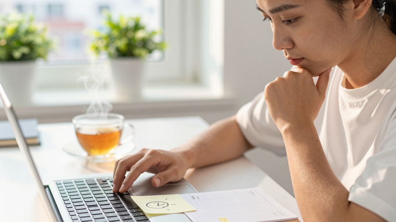 Mulher concentrada num portátil com chá e bloco de notas na mesa.