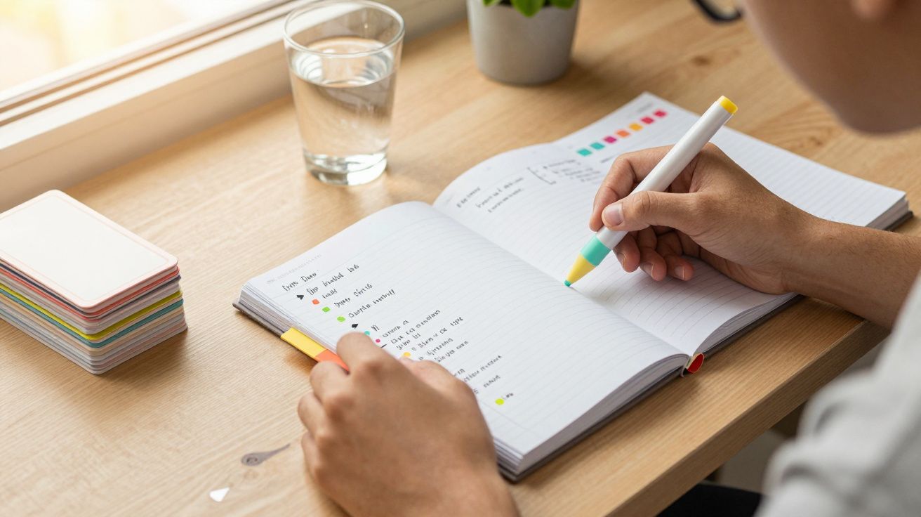 Pessoa a escrever num caderno com caneta colorida, ao lado de cartões e um copo de água.