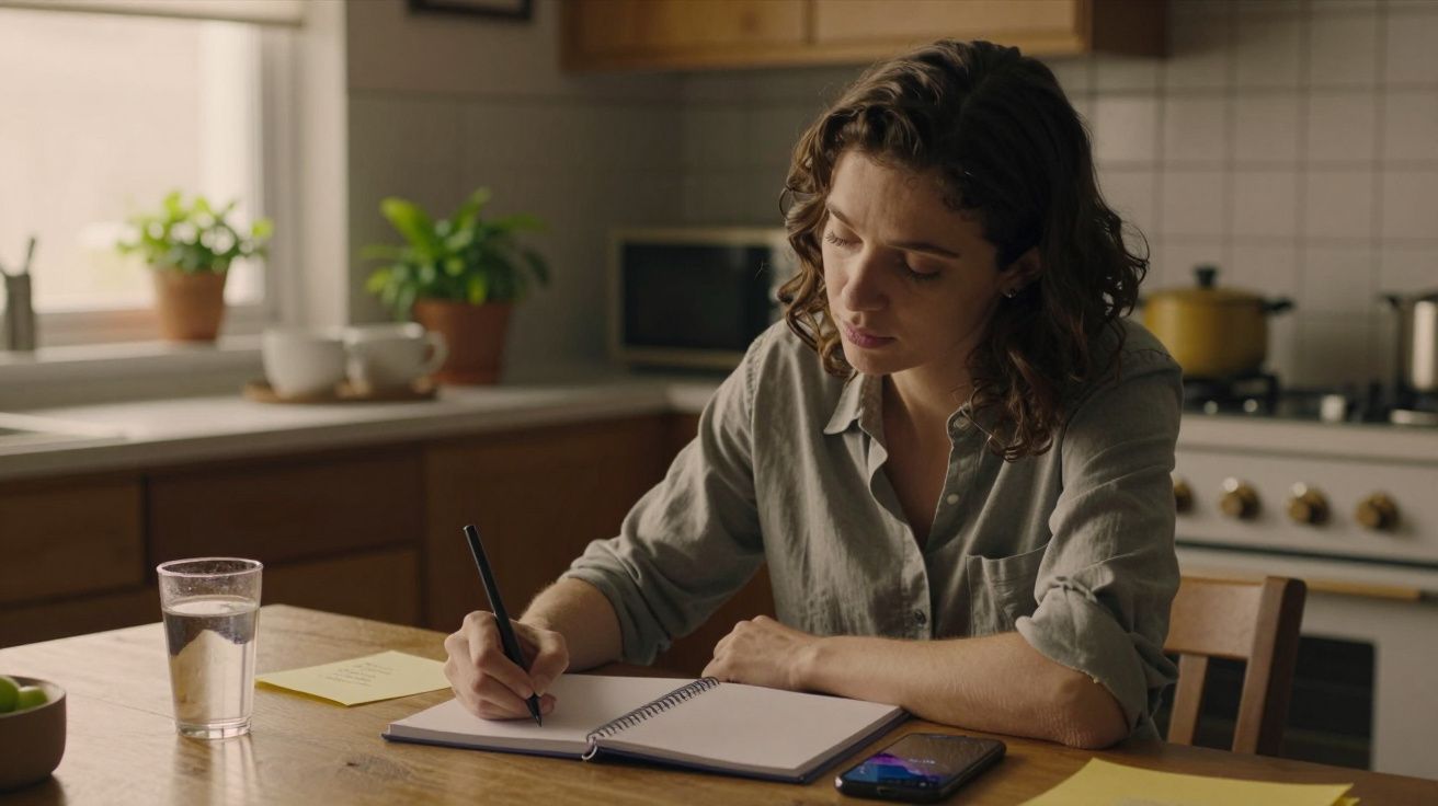 Mulher sentada numa mesa de cozinha, a escrever num caderno, com um copo de água e plantas ao fundo.