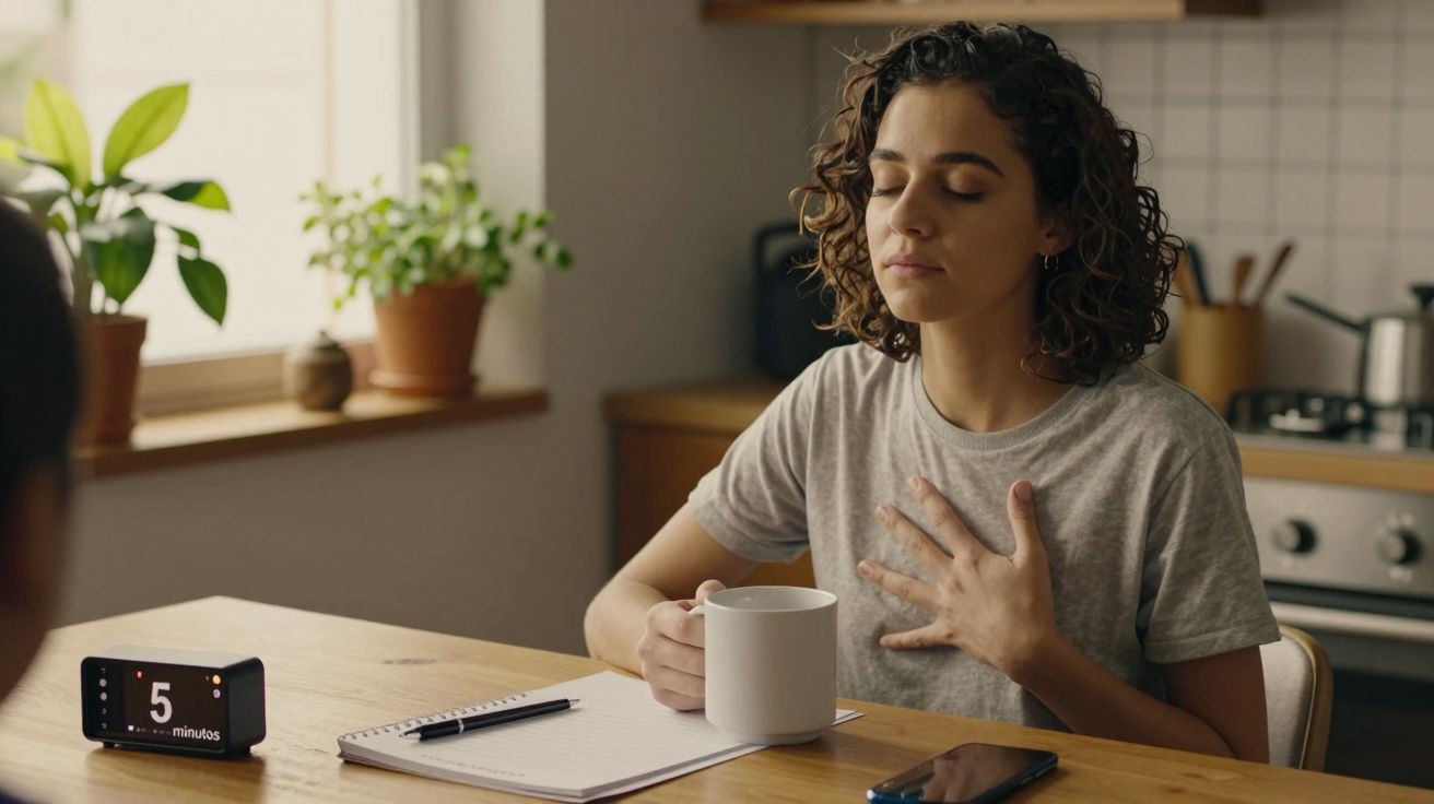 Mulher meditando à mesa da cozinha, segurando uma caneca, com cronómetro de 5 minutos, plantas ao fundo.