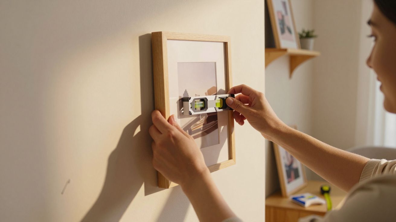 Pessoa a alinhar um quadro na parede com um nível de bolha numa sala iluminada.