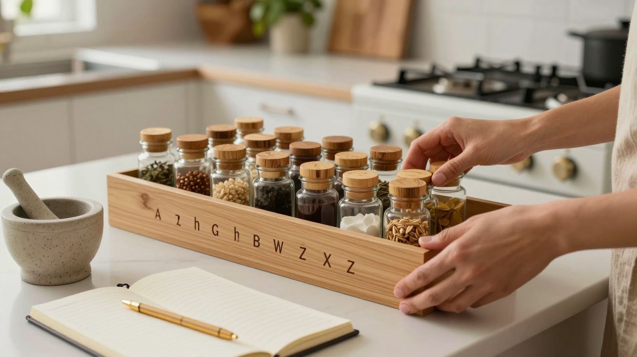 Mãos organizam frascos de especiarias numa caixa de madeira numa cozinha, com um caderno e almofariz ao lado.