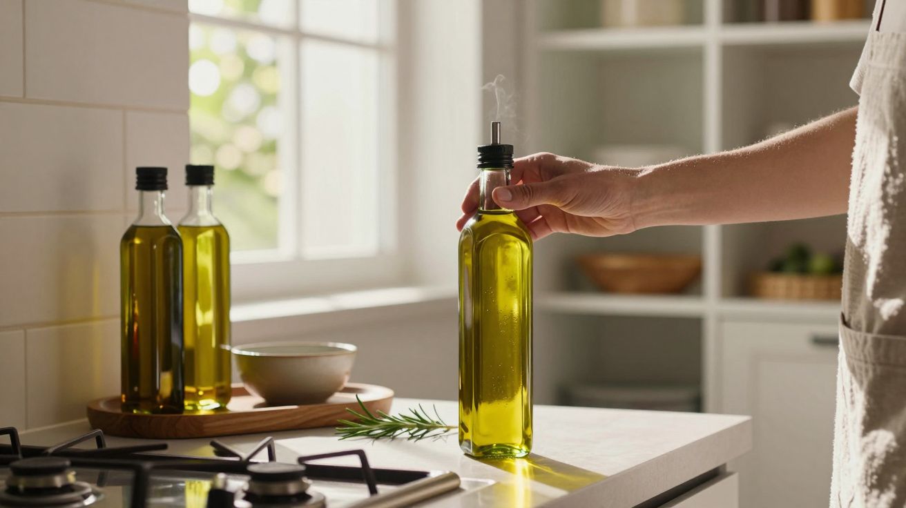 Mão na cozinha segurando garrafa de azeite em bancada, com mais garrafas e uma tigela ao fundo.