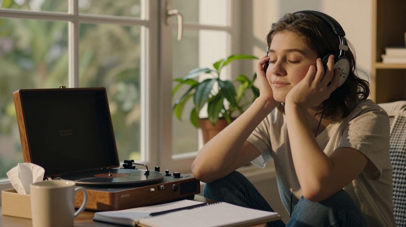 Pessoa com auscultadores a ouvir música de um gira-discos junto a uma janela, com caderno e caneta na mesa.