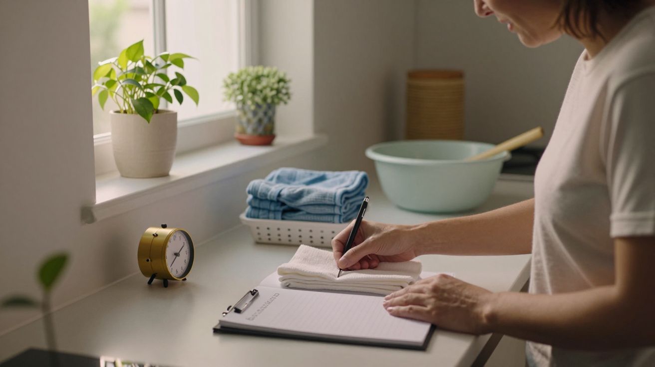Mulher escrevendo numa lista de tarefas numa cozinha acolhedora com plantas, relógio, toalhas e bacia ao fundo.