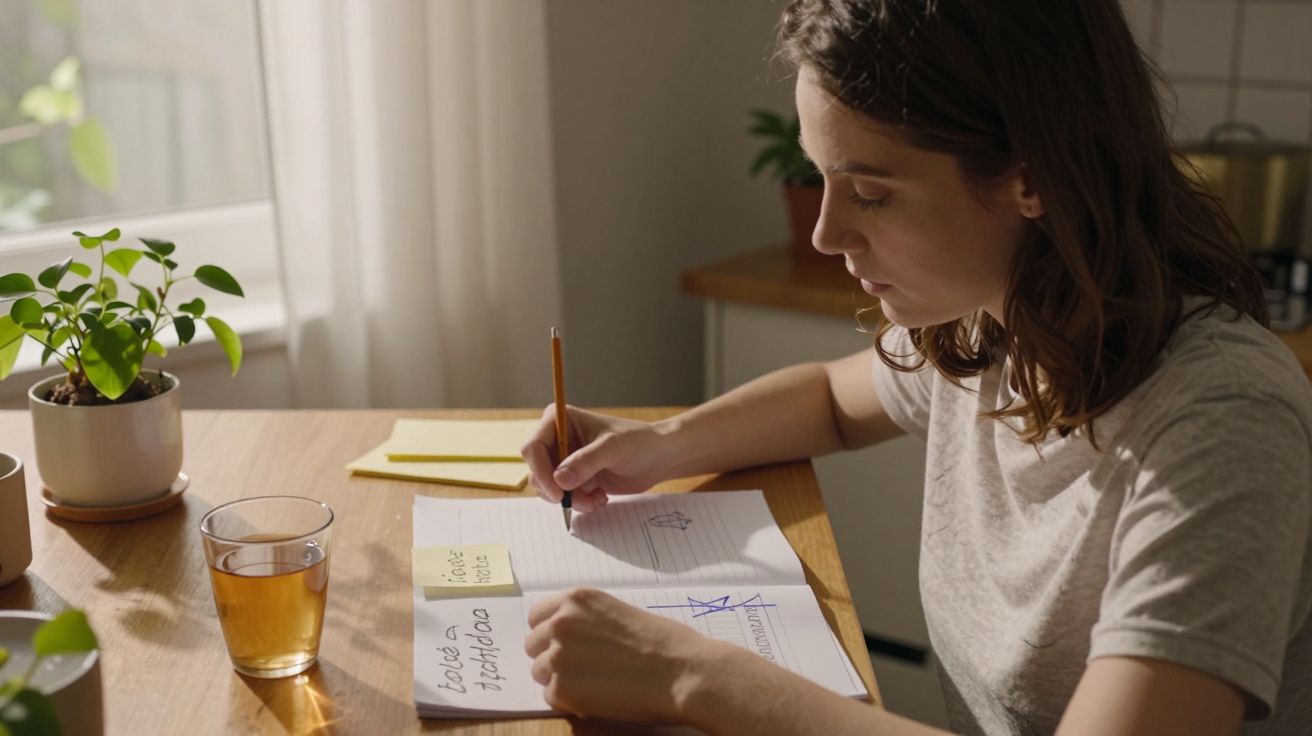 Mulher a escrever num caderno numa mesa, com plantas e um copo de chá à volta, luz suave entra pela janela.