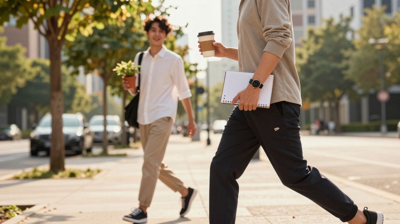 Homem segurando café e caderno a caminhar por rua arborizada, outro homem ao fundo com vaso de plantas.