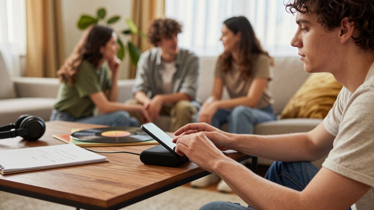 Jovem usa tablet numa sala, enquanto outros conversam ao fundo. Sobre a mesa, auscultadores, caderno e vinil.