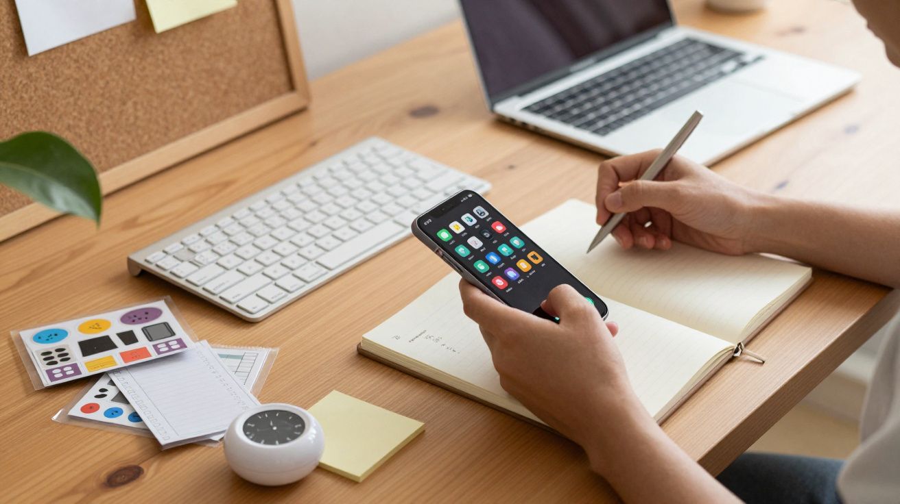 Pessoa escreve num caderno enquanto segura um telemóvel; teclado, portátil e notas na mesa.
