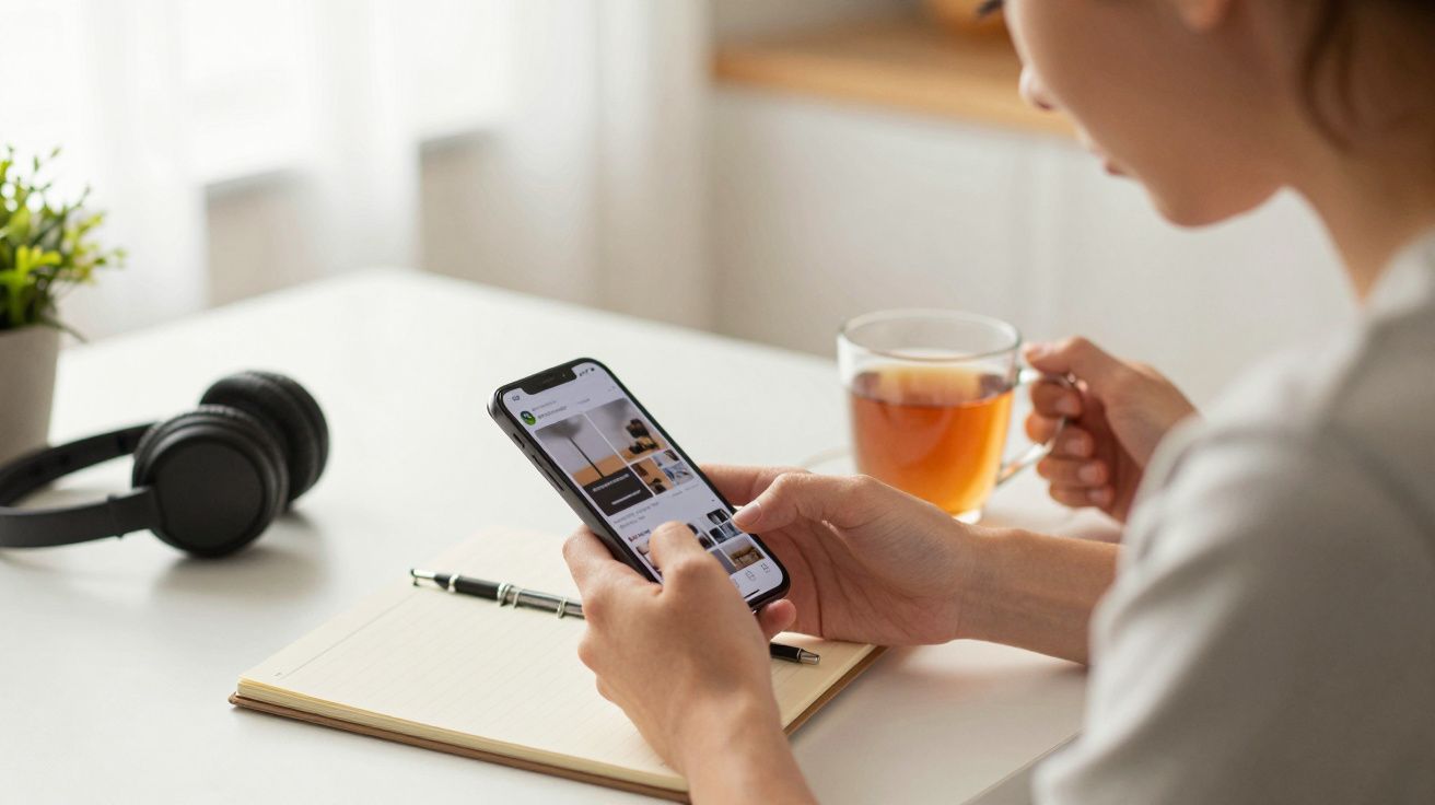 Mulher segurando chá e a usar smartphone em frente a caderno e auscultadores numa mesa iluminada pela luz natural.