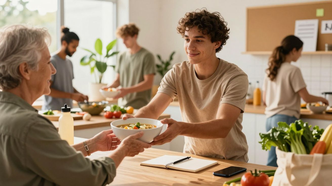 Jovem a entregar uma tigela de salada a uma pessoa idosa numa cozinha comunitária. Outras pessoas a cozinhar ao fundo.