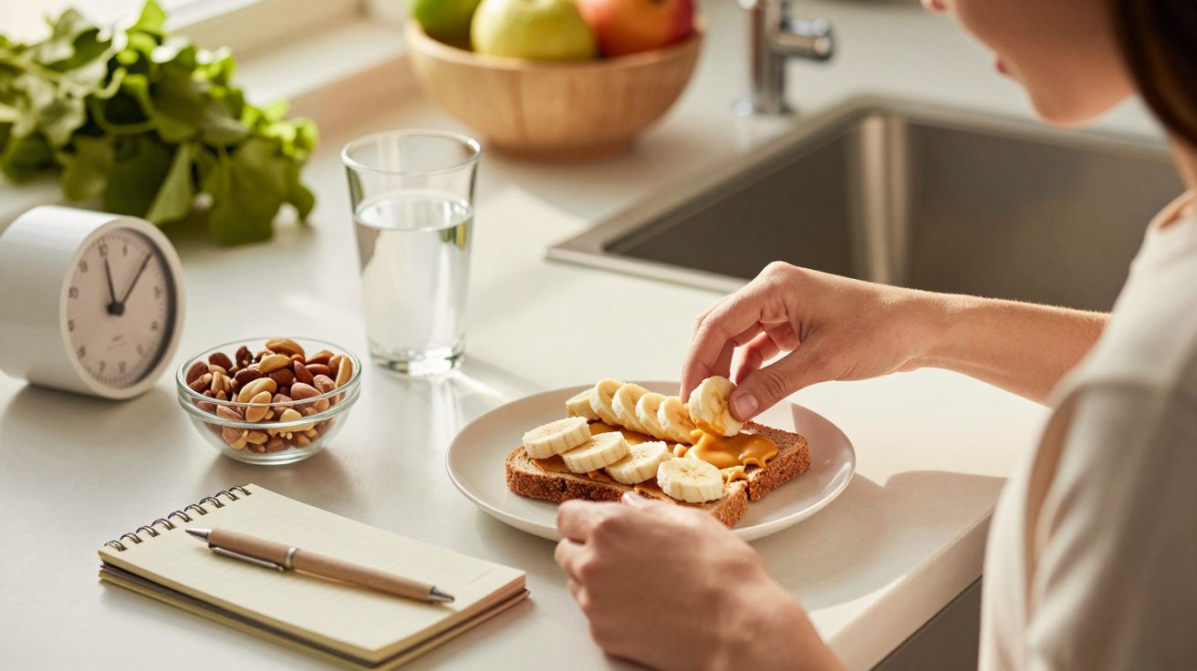 Pessoa a preparar torrada com manteiga de amendoim e banana. Há uma tigela de frutos secos e copo de água na bancada.