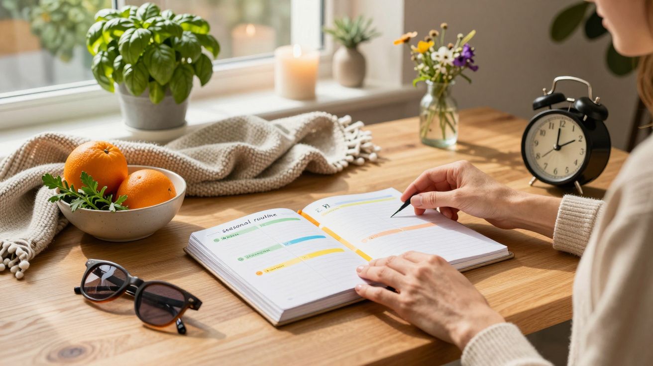 Pessoa escreve num planner em mesa de madeira, com fruta, relógio e planta à volta, junto a uma janela.