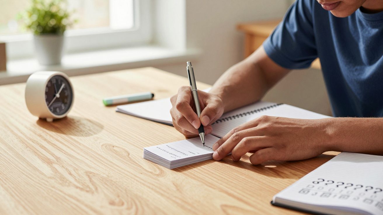 Pessoa a escrever num bloco de notas numa secretária, com um relógio e bloco de papel ao lado.