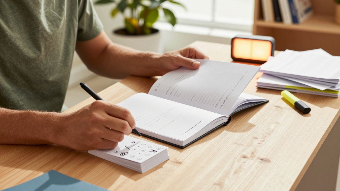 Homem escreve em caderno na mesa com lâmpada acesa e planta ao fundo.