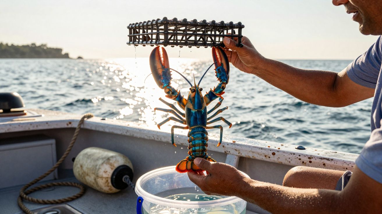 Pessoa segura lagosta sobre balde em barco no mar, ao pôr do sol.