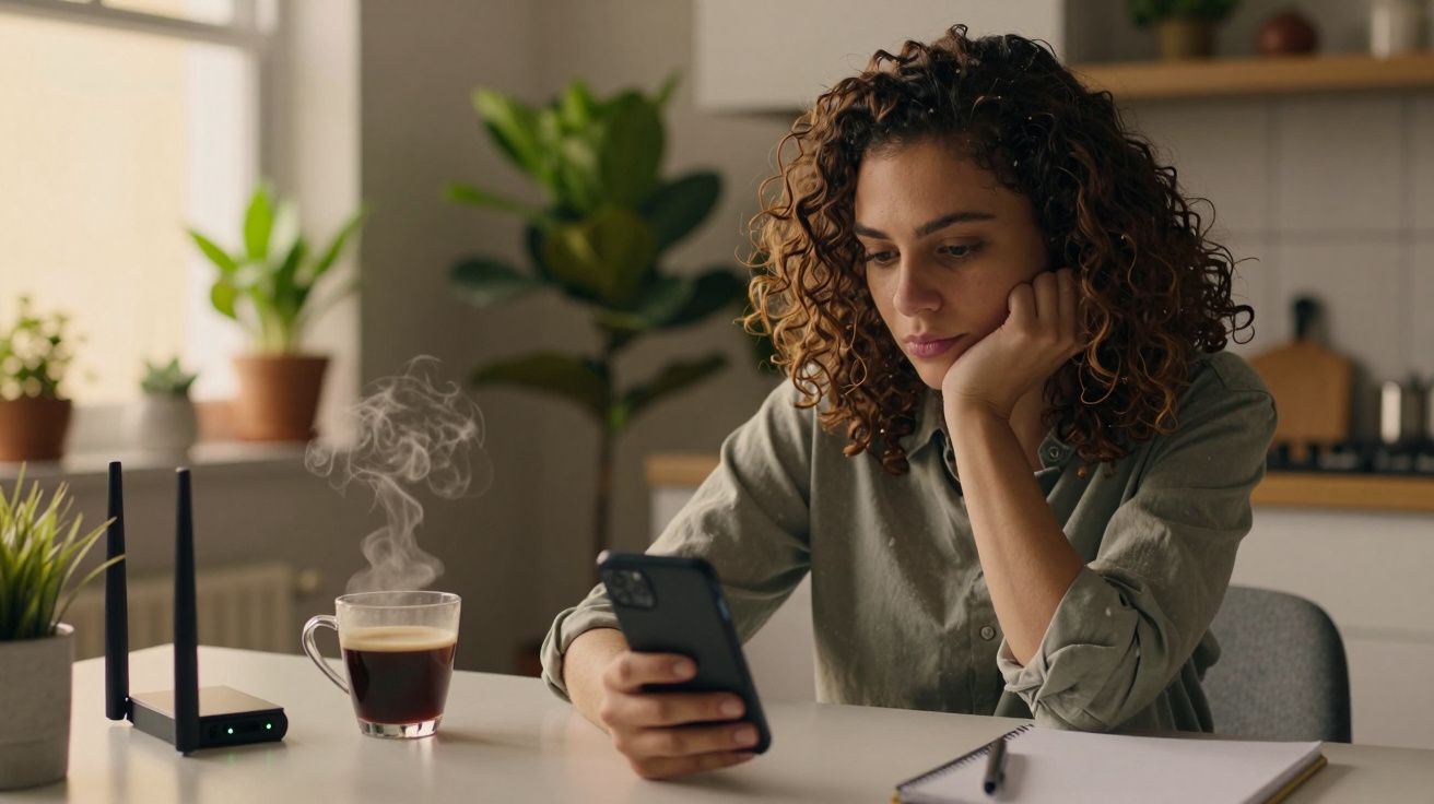 Mulher sentada à mesa, olhando para o telemóvel, com um café fumegante ao lado e plantas ao fundo.
