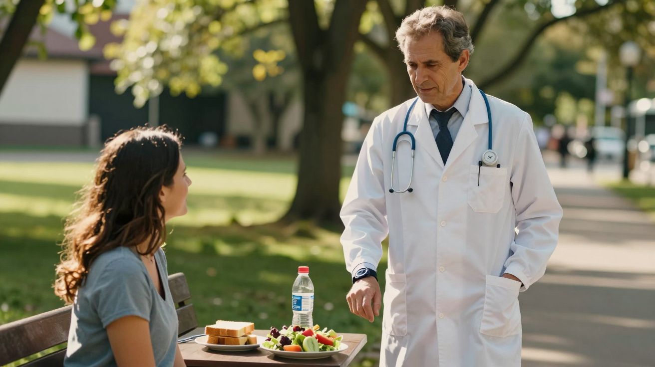 Doutor conversa com mulher sentada num banco de parque, frente a uma refeição com sanduíche e fruta.