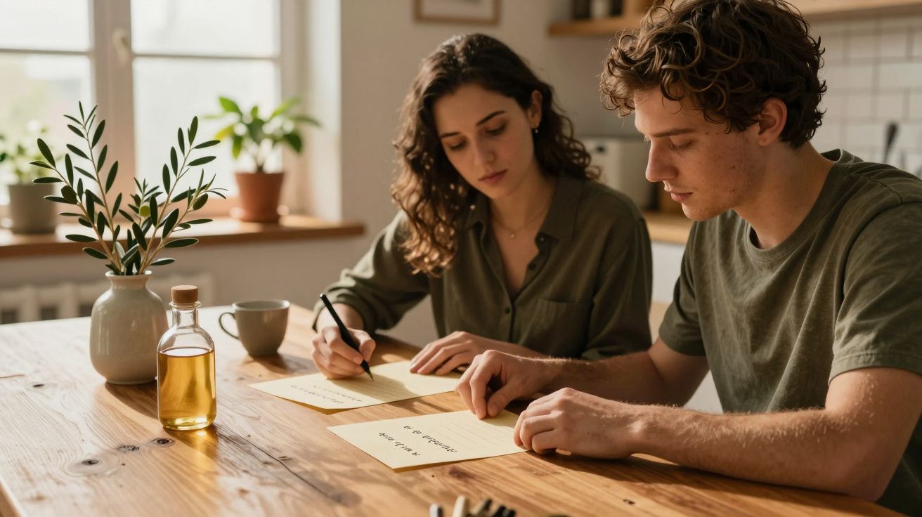 Duas pessoas escrevem listas num bloco de notas numa mesa de madeira, rodeadas por plantas e objetos.