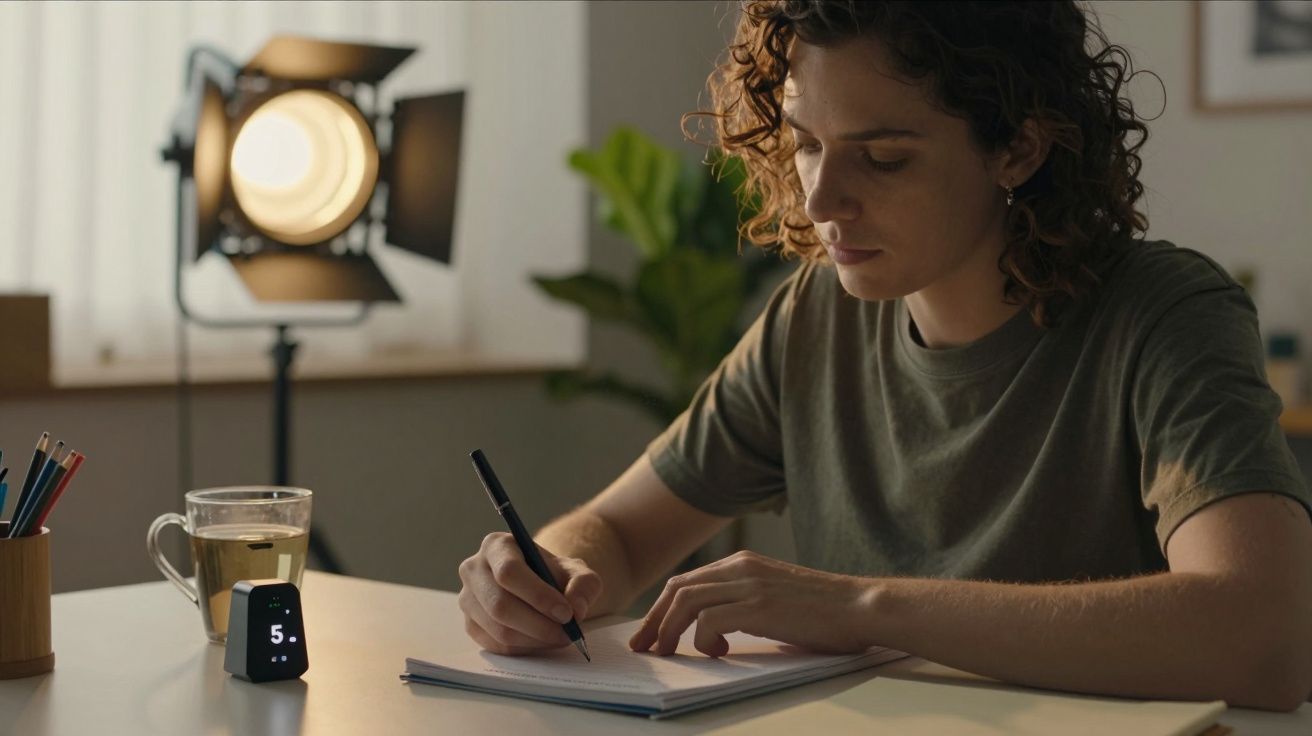 Pessoa escrevendo numa mesa com um copo de chá, temporizador digital aceso, planta ao fundo e luz de estúdio.