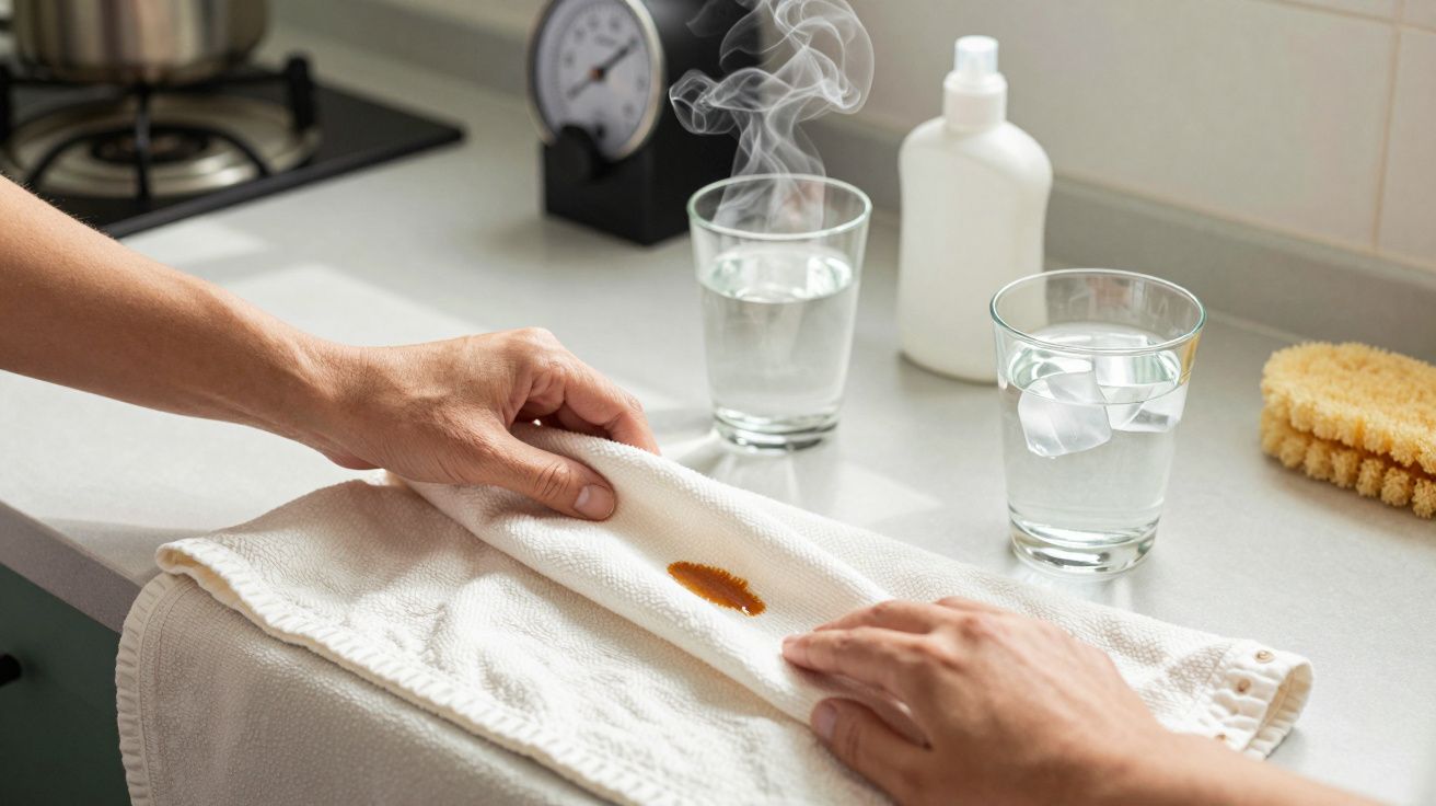 Mãos limpando uma toalha com uma mancha, com copos de água e produtos de limpeza ao fundo.