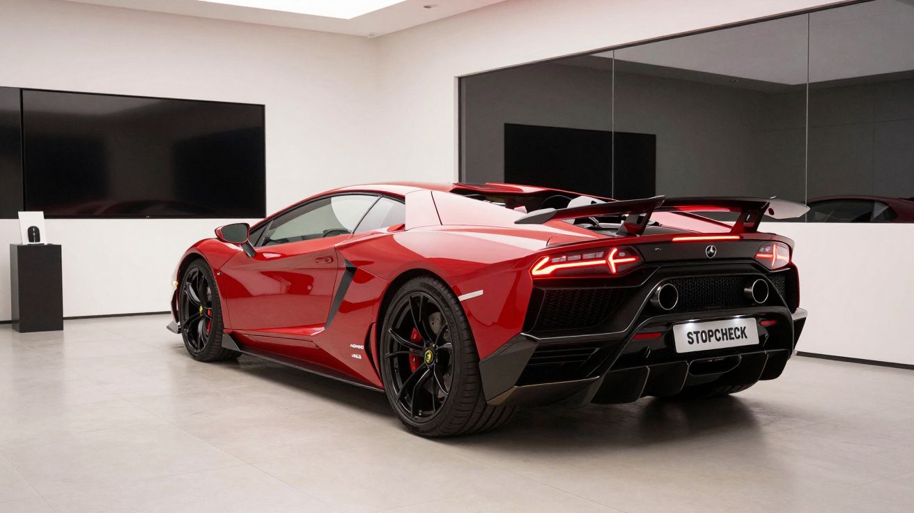 Carro desportivo vermelho num showroom, visto de trás, com jantes pretas e matrícula "STOPCHECK".