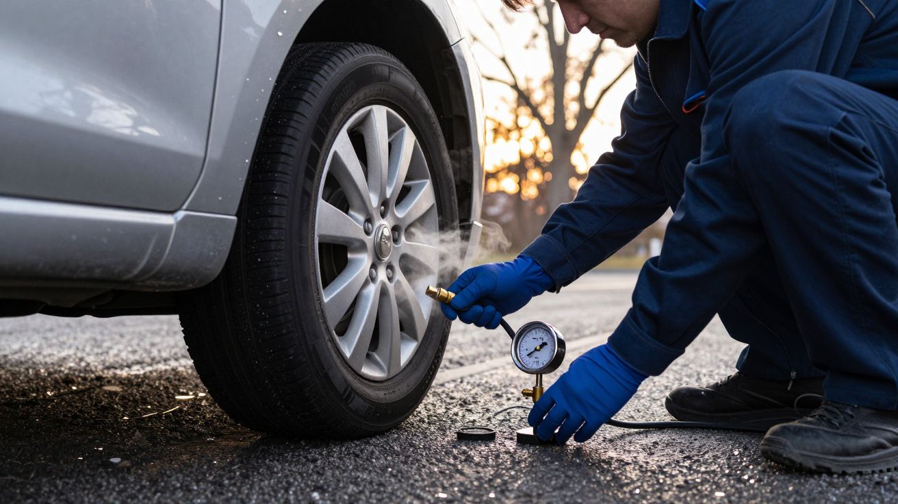 Pessoa verifica pressão de ar num pneu de carro usando um manómetro, vestindo luvas azuis, ao nascer do sol.